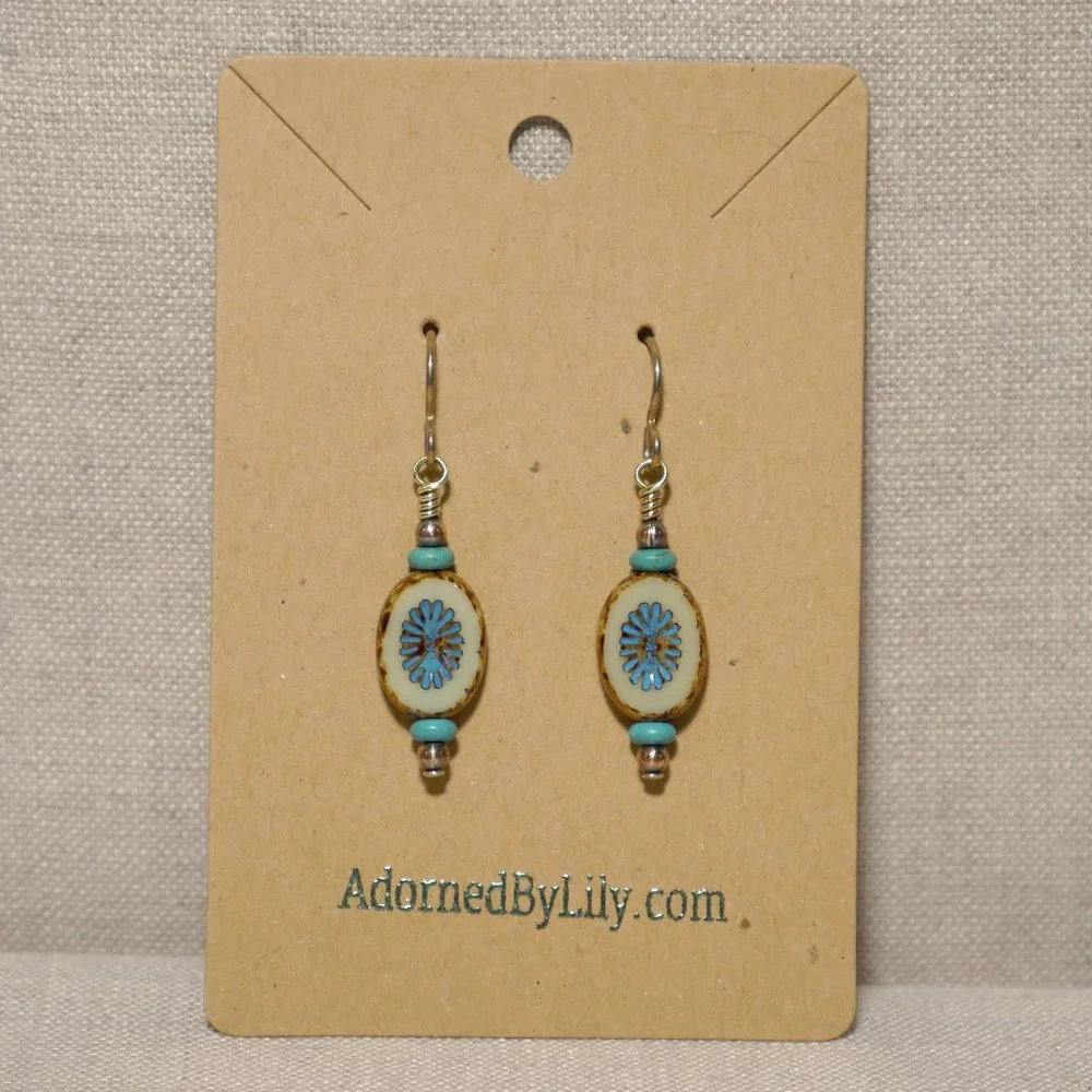 Hand Crafted Handmade Earrings Oval Cream & Blue Czech Glass Petite Earr… - Picture 2 of 4